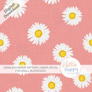 May include: A seamless repeat pattern featuring white daisies with yellow centers on a pink background. The pattern is perfect for use in digital and printed designs.