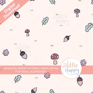 May include: A seamless repeat pattern featuring a light pink background with a variety of woodland elements, including mushrooms, acorns, leaves, and flowers. The pattern is perfect for use in crafting, scrapbooking, and other creative projects.
