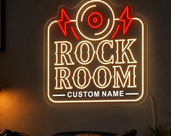 Rock Room Neon Sign, Custom Name LED Wall Light for Music Room, Guitar Studio, Band Room, Garage Bar Decor