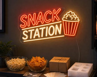 Snack Station Neon Sign, Popcorn LED Wall Light for Home Theater, Game Room, Movie Room, Snack Bar Decor