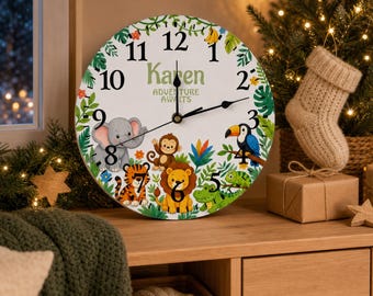 Personalized Safari Wall Clock for Kids, Wooden Jungle Nursery Clock with Name, Zoo Animal Baby Room Decor and Learning Birthday Gift