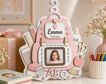Personalized First Day of School Sign, 3D Wooden Backpack Photo Frame, Custom Name Preschool Prop, Kids Back to School Keepsake Gift