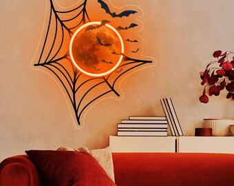 Spinnennetz Mond und Fledermäuse Leuchtreklame: Halloween gruseliges Geschenk für die Familie, Kamin Dekor