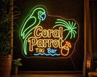 Coral Parrot Tiki Bar Neon Sign, Tropical LED Wall Light for Patio Bar, Beach Hut, Pool Room, Summer Party Decor