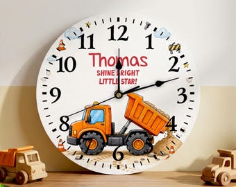 Custom Construction Truck Kids Wall Clock, Personalized Wooden Vehicle Nursery Clock with Name, Dump Truck Boys Room Decor Birthday Gift