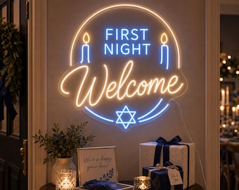 First Night Welcome Neon Sign, Custom Hanukkah Entryway Decor, Blue White Chanukah Party Wall Light, Personalized Family Holiday Gift
