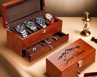Boîte à montres gravée personnalisée : rangement en bois pour montres et bijoux, cadeau d'anniversaire pour elle et lui