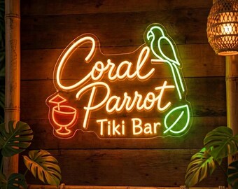 Coral Parrot Neon Sign, Tiki Bar LED Wall Light for Home Bar, Cocktail Lounge, Airbnb, Tropical Room Decor