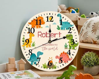 Personalized Safari Wall Clock for Kids, Wooden Jungle Nursery Clock with Name, Zoo Animal Baby Room Decor and Learning Birthday Gift