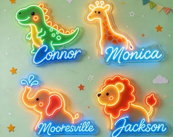 Custom Name Neon Sign, Nursery Wall Light, Personalized Baby Shower Gift for Animal Bedroom Decor, Gifts for Kids