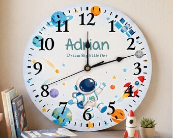 Custom Space Kids Wall Clock, Personalized Astronaut Nursery Decor, Wooden Rocket Planet Learning Clock for Baby Room or Toddler Gift