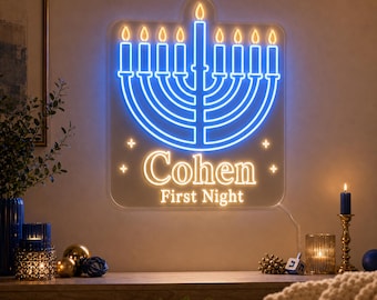 Custom Hanukkah Menorah Neon Sign, Personalized Family Name Light for First Night Decor, Blue White Holiday Wall Gift for Home Mantel