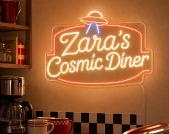 Cosmic Diner Neon Sign, Custom Retro Cafe Light for Breakfast Nook, Kitchen Wall Decor with UFO Glow