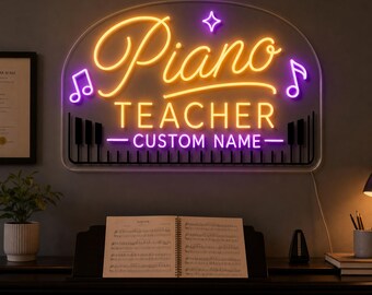 Piano Teacher Neon Sign, Custom Name LED Wall Light for Music Studio, Piano Room, Classroom, Recital Decor