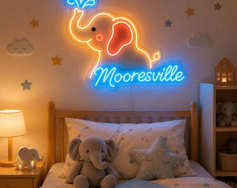 Elephant Neon Sign with Custom Name, Safari Nursery Wall Light, Kids Bedroom Decor and Personalized Baby Shower Gift for Animal Room