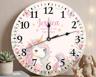 Custom Unicorn Garden Kids Wall Clock, Personalized Wooden Girl Nursery Clock, Floral Princess Room Decor and Baby Shower Gift for Girls