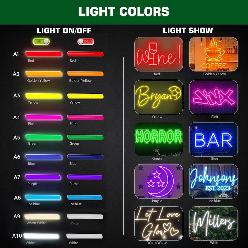 May include: A display of neon light colors and signs. The left side shows the colors on and off, including red, yellow, pink, green, blue, purple, ice blue, and white. The right side displays neon signs with text like "Wine!", "Coffee", "Bryan", "SinX", "Horror", and "Bar".