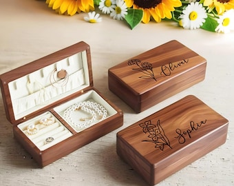 Personalisierte Holz Schmuckschatulle mit Gravur: Geburtsblumen-Andenken-Weihnachtsgeschenk für Mädchen-Brautjungfer