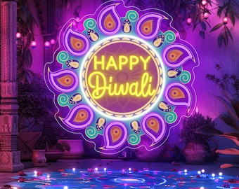 Happy Diwali Neon Sign, Diya LED Wall Light for Diwali Decor, Indian Festival Party, Mandala Rangoli Wall Decor