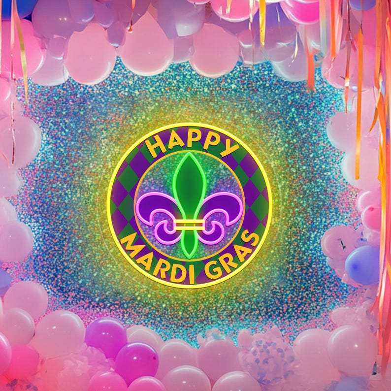 May include: A vibrant image featuring a neon sign that reads "Happy Mardi Gras" with a fleur-de-lis symbol. The sign is surrounded by pink, purple, and blue balloons and streamers, creating a festive atmosphere.