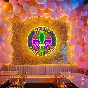 Fleur De Lis Neon Sign: Happy Mardi Gras LED Carnival Decor image 2