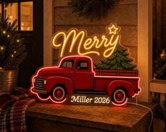 Custom Red Truck Christmas UV Neon Sign, Personalized Family Name Light for Farmhouse Porch Decor, Holiday Mantel and Covered Entry Gift