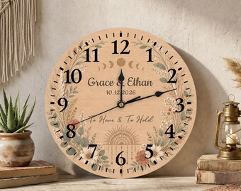Custom Boho Clock with Couple Names, Personalized Wedding Wall Clock, Wooden Anniversary Gift for Newlyweds, Rustic Wedding Date Keepsake
