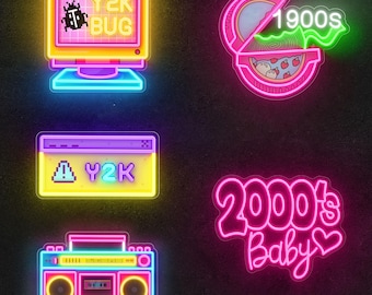 Letreiro de néon Y2K: Letreiro luminoso retrô com tema do milênio para decoração de festas temáticas dos anos 80 e 90.