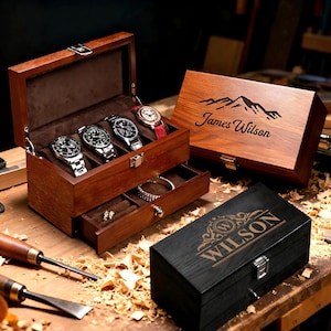Custom Engraved Wooden Watch Jewelry Box: Personalized Anniversary Gifts, Gift for Dad/Mom,Gift for Him & Her