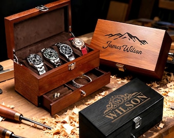 Custom Engraved Wooden Watch Jewelry Box: Personalized Anniversary Gifts, Gift for Dad/Mom,Gift for Him & Her