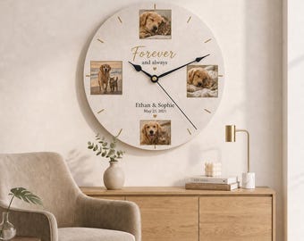 Custom Pet Photo Wall Clock, Personalized Wooden Memorial Gift for Dog Cat Lovers