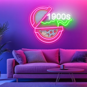 May include: A neon sign in pink and green, shaped like a pizza slice with the text "1900s". The sign is mounted on a purple wall above a pink sofa with pillows and a small table.