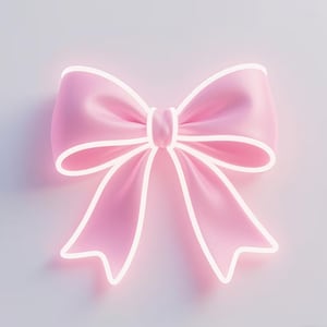 May include: A pink bow with white trim against a light gray background. The bow is a soft, satin-like material with a three-dimensional appearance. The white trim outlines the bow's shape, creating a glowing effect.