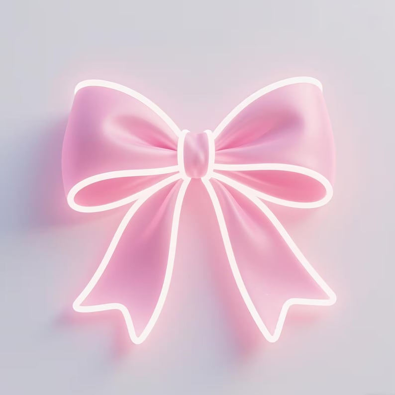 May include: A pink bow with white trim against a light gray background. The bow is a soft, satin-like material with a three-dimensional appearance. The white trim outlines the bow's shape, creating a glowing effect.