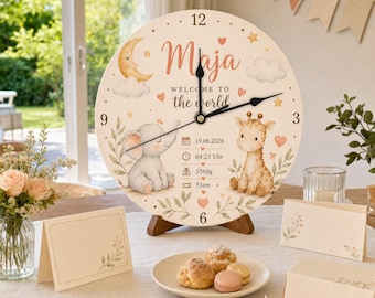 Personalized Baby Birth Clock, Custom Name Nursery Wall Clock with Safari Animals, Moon, Stars, Birth Details