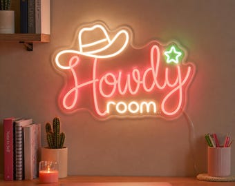 Custom Howdy Room Neon Sign, Western Bedroom Decor with Cowboy Hat and Coral Pink Glow, Cowgirl Dorm Gift for Teen Room Makeover Wall