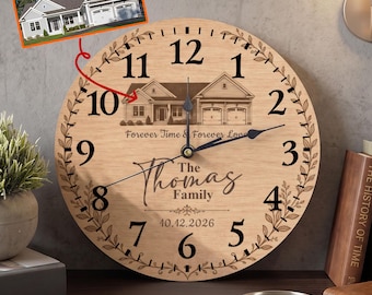 Custom Home Sketch Wall Clock, Personalized Wooden Family Name Clock from House Photo, Rustic New Home or Anniversary Keepsake Gift