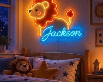 Neon Sign with Custom Name, Safari Nursery Wall Light, Kids Bedroom Decor and Personalized Baby Shower Gift for Animal Room