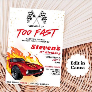 Too Fast Birthday Invitation, Racing Birthday Boy, Race Fast Birthday Invite, Printable Birthday Invitation Editable Canva Template, 5x7in
