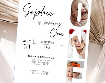 Plantilla de invitación para el primer cumpleaños / Invitación editable con collage de fotos "UNO" / Tarjeta de cumpleaños imprimible para bebé / Plantilla moderna y minimalista para Canva