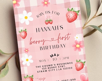 Berry First Birthday Invitation, Editable 1st Birthday Girl Invite, Printable Strawberry First Birthday Girl Invitation Template