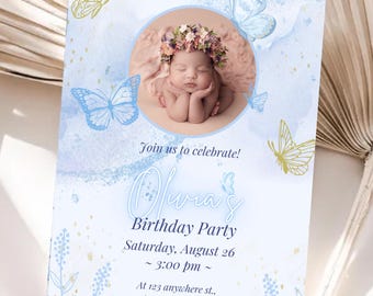 Butterfly Birthday Invitation, Girl Butterfly Party, Blue Butterfly Birthday Invite, First Birthday Invitation, Gold Butterflies Decor
