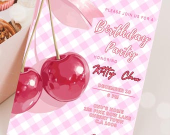 Invitación de cumpleaños editable con lazo rosa coqueto, invitación de cumpleaños con lazo rosa, invitación de cumpleaños con lazo, invitación con lazo rosa coqueto M3L