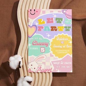 Digital Editable Preppy Patch Letter Invitation | Retro Varsity Patch Birthday Invitation | Let’s Party Smiley Face Editable Invite Download