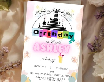 Editable Vintage Happiest Birthday on Earth Invitation, Modern Magical Kid Birthday, Minimalist Pastel Purple Pink Theme Template, D254