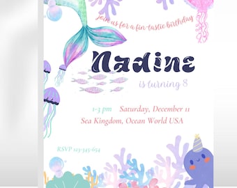 Mermaid Birthday Invitation Mermaid Invitation Mermaid Party Invitation Under the Sea Invitation Pink Theme EDITABLE Instant Download M02