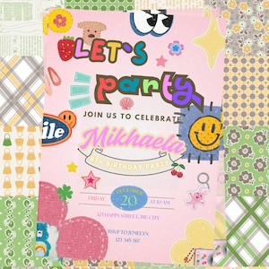 Op de afbeelding: Een roze verjaardagsuitnodiging met een patchwork achtergrond. De uitnodiging zegt "Let's Party" en "Join us to celebrate Mikhaela 8th Birthday Party". De uitnodiging bevat details voor het feest, inclusief de datum, tijd en locatie.
