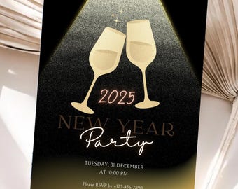 Nieuwjaarsuitnodiging Oudejaarsavonduitnodiging Bewerkbare NYE-feestuitnodiging Cheers to New Year Invite Fireworks Party-sjabloon