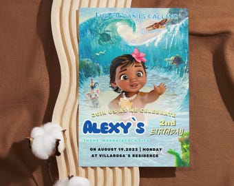 Invito di compleanno Baby Moana, invito di compleanno Moana hawaiano digitale modificabile, invito per festa a tema per bambini, modello digitale Baby Moana