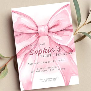Pink Bow 1st Birthday Invitation Our Little Is Turning One Girl First Birthday Invite Clean 1st Pink Ribbon Theme Party Invitation Canva
